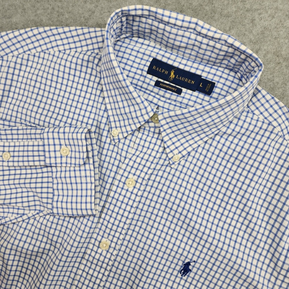 Ralph Lauren Performance Button Shirt Men's L Blue White Plaid Long Sleeve Nylon